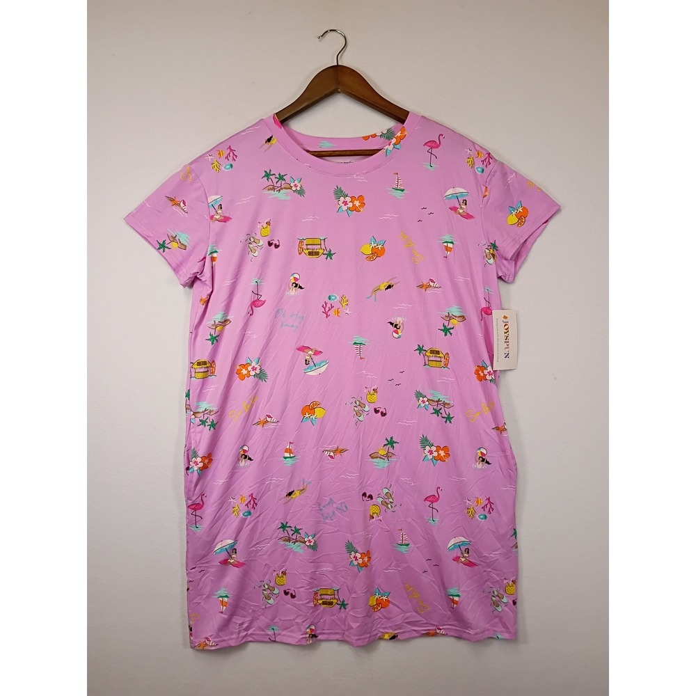 Tropical Beach Flamingo Joyspun Womens S/M Pink Short Sleeve Sleep Shirt Pockets